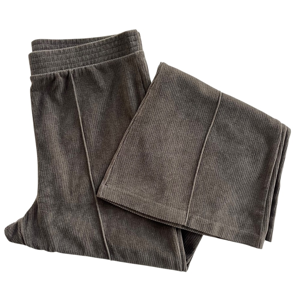 Aerie Women L Olive Green Groove-On Ribbed Velour Flare Pants Knit Elastic Waist